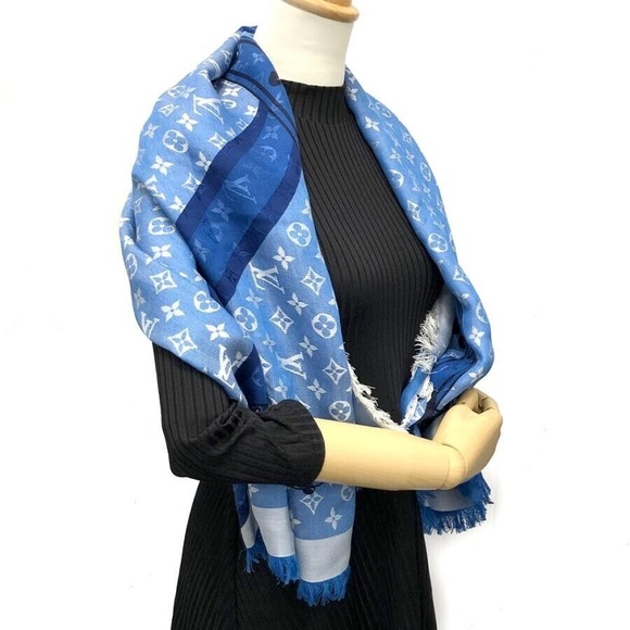 LOUIS VUITTON LV Monogram Koi Fish Blue White Scarf Shawl, 56" X 56" - Picture 2 of 4